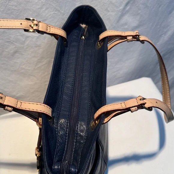 Michael Kors Dark Blue Tote with Tan Straps - Picture 6 of 13